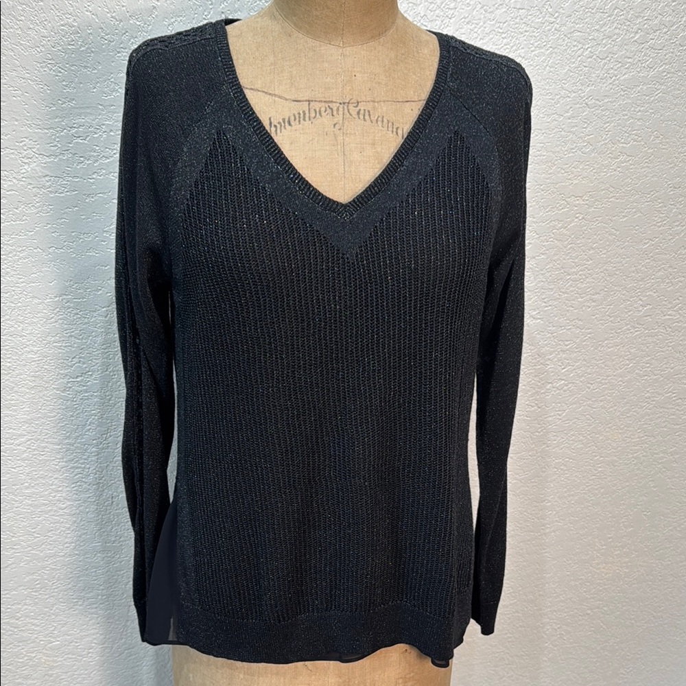 Lucky Brand Women Medium Black Shimmer V-Neck Long Sleeve‎ Sweater